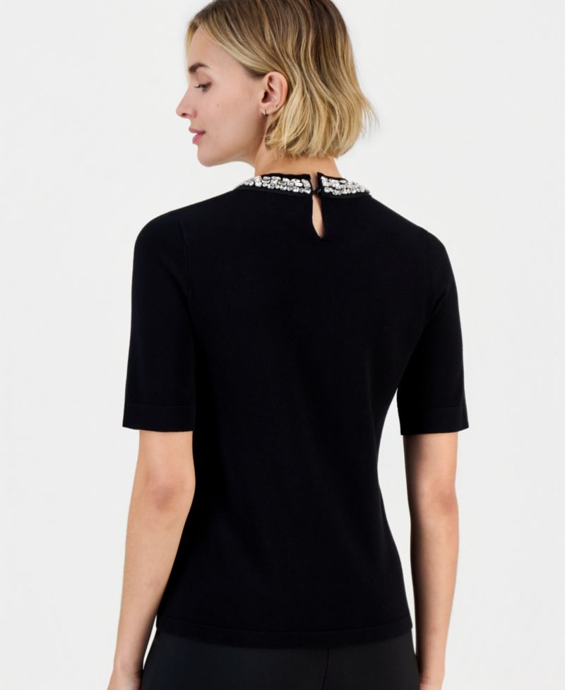 Women's Rhinestone-Embellished Short-Sleeve Sweater