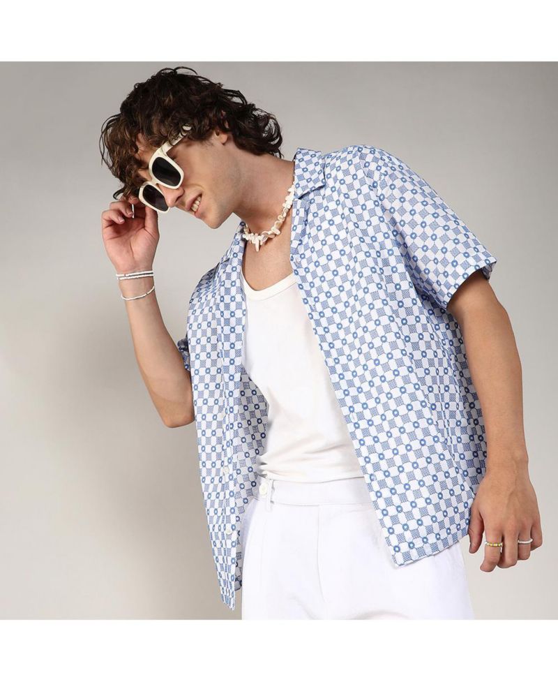 Men's Chalk White & Prussian Blue Embroidered Checkered Shirt