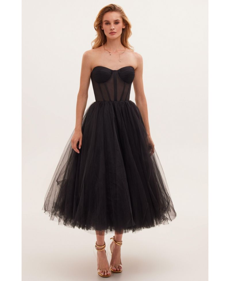 Women's Strapless Puffy Tulle Midi Formal Occasion Dress