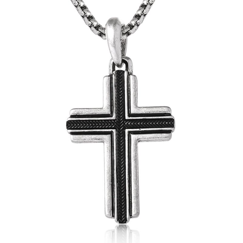 Stainless Steel Cross Necklace for Men 22", Two-Tone Pendant Necklace, Cross Jewelry