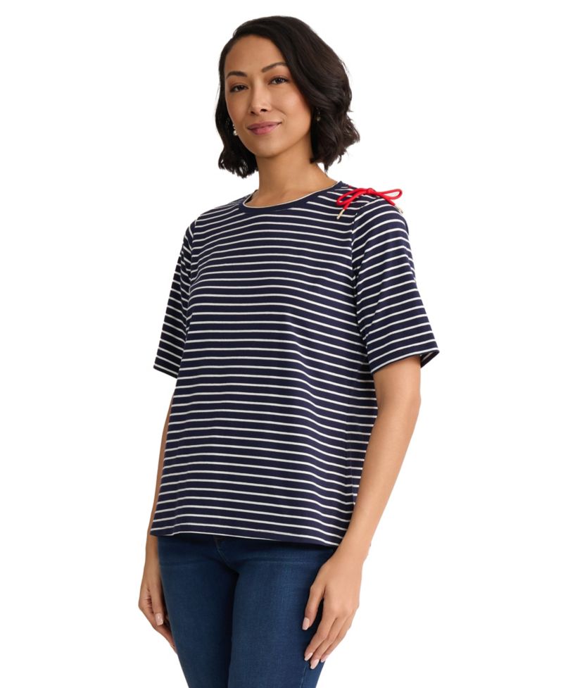 Women's Short Sleeve Striped Shoulder Tie Detail Top