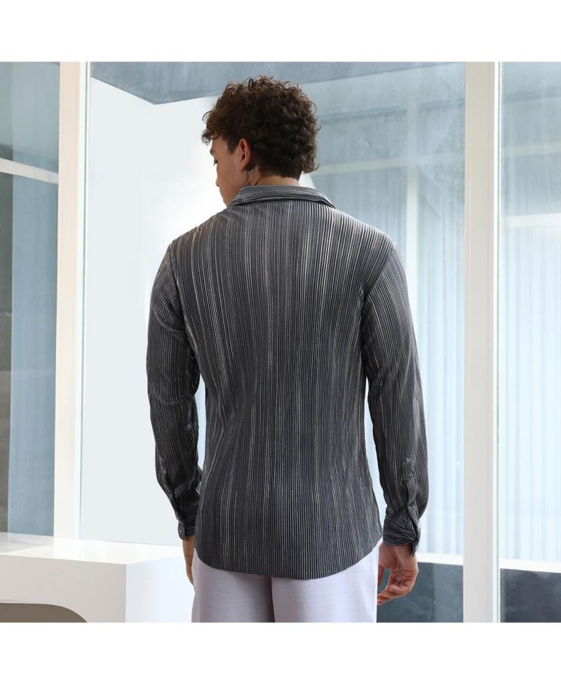 Men's Icy Blue & Metallic Silver Pleat-Creased Shirt