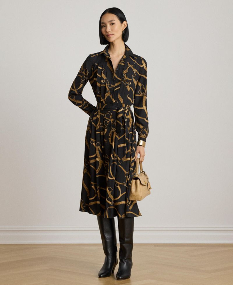 Women's Belting Print Pleated Shirt Dress