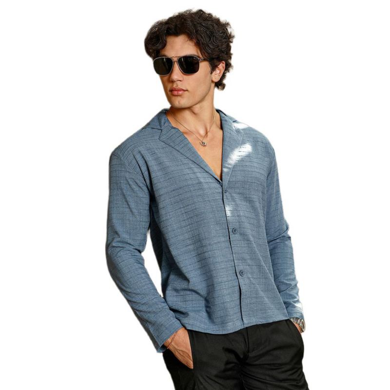 Men's Azure Blue Striped Cuban Shirt