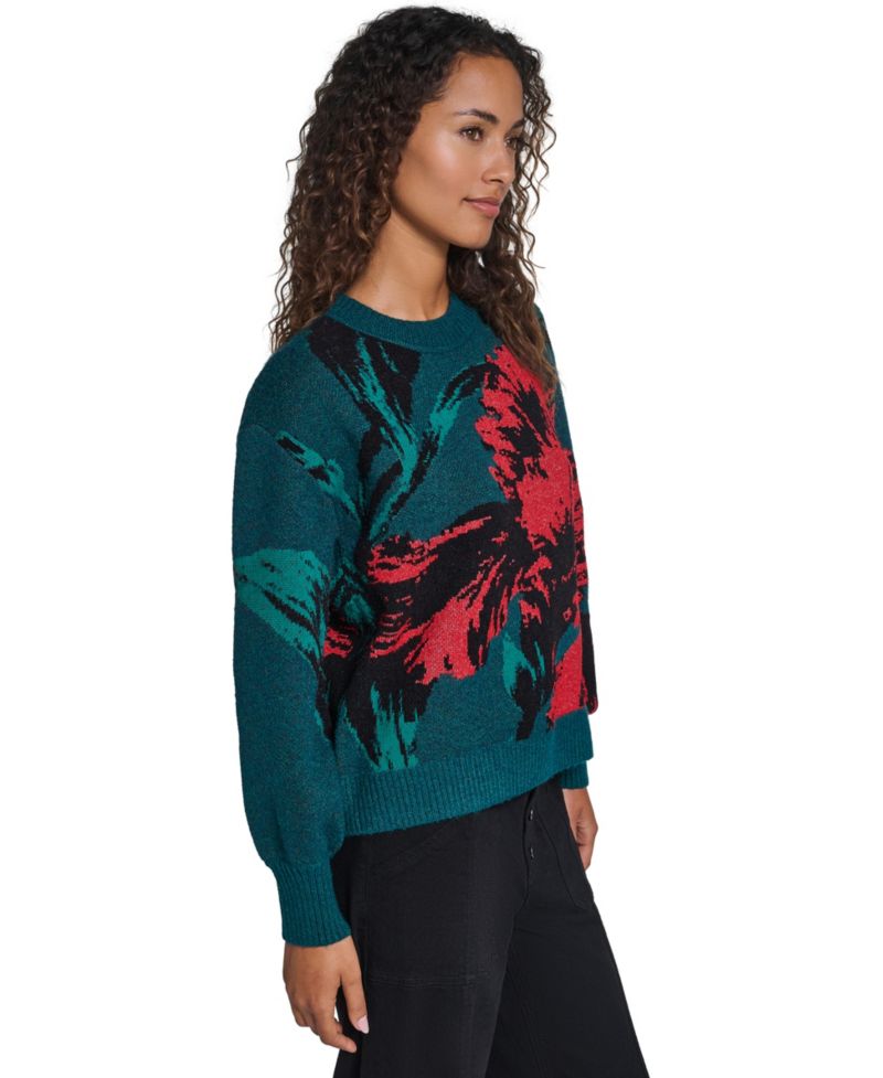 Women's Floral-Print Long-Sleeve Crewneck Sweater