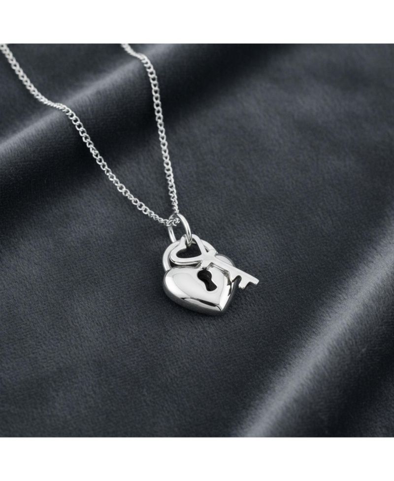 2 Charm Love Lock and Key Heart Pendant Necklace .925 Sterling Silver
