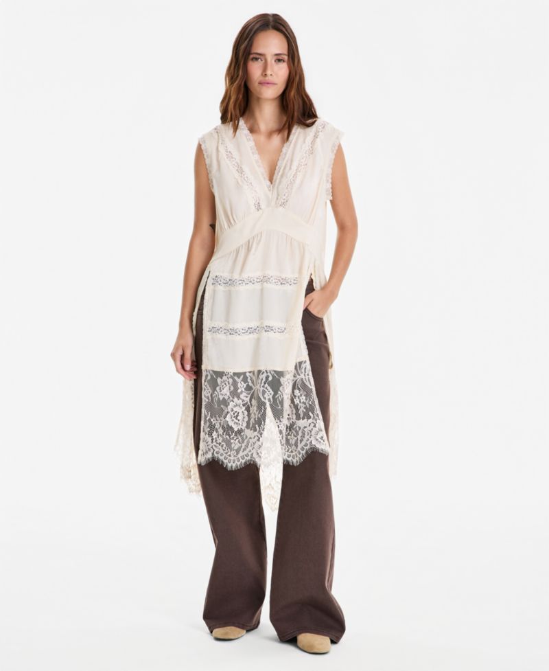 Women's V-Neck Sleeveless Lace-Trim Tunic