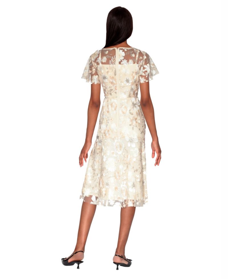 Women's Embroidered Boat Neck Polyester Midi Dress