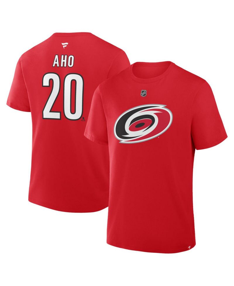 Men's Sebastian Aho Red Carolina Hurricanes Authentic Stack Name & Number T-Shirt