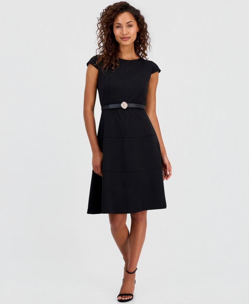 Petite Cap-Sleeve Seamed Scuba Crepe Sheath Dress