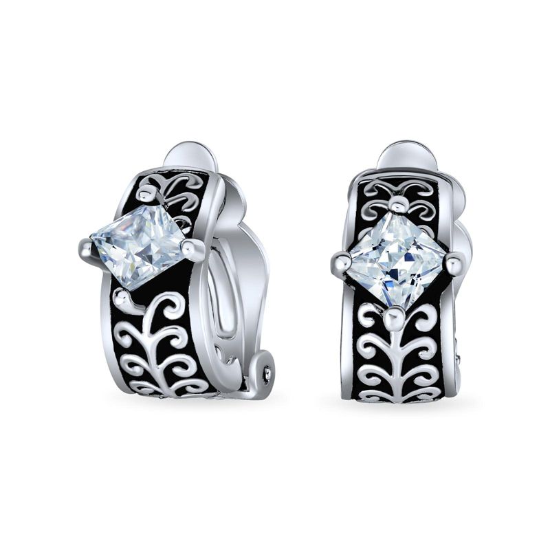 Bali Style Black Crystal Scroll Half Hoop Clip-On Earrings Silver Oxidized