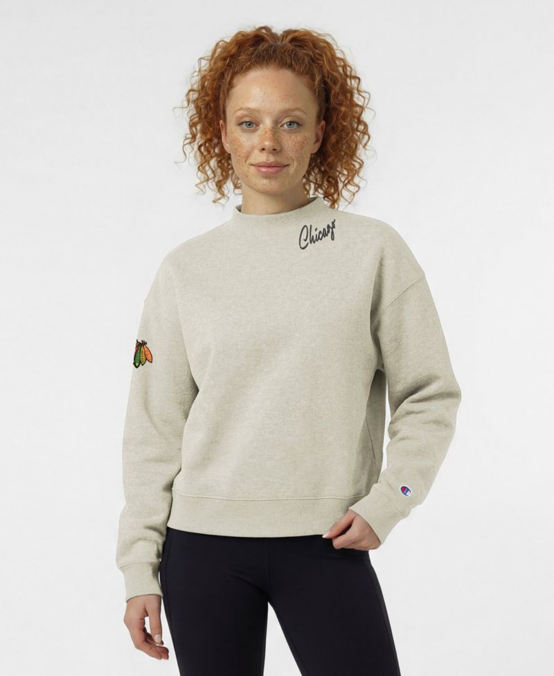 Women's Chicago Blackhawks Collar Script Triumph Fleece Pullover Crewneck Sweatshirt