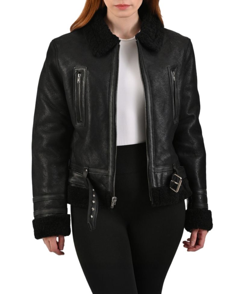 Women's Nappa Leather Jacket with Faux Shearling Lining