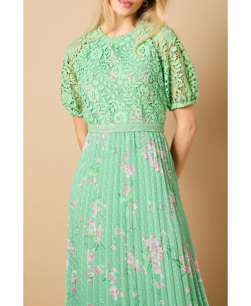 Women's Floral Lace Bodice Pleated Midi Dress