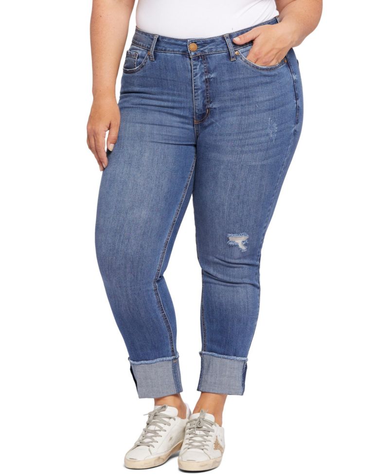 Plus Size High Rise Slim Straight Cuff Jeans