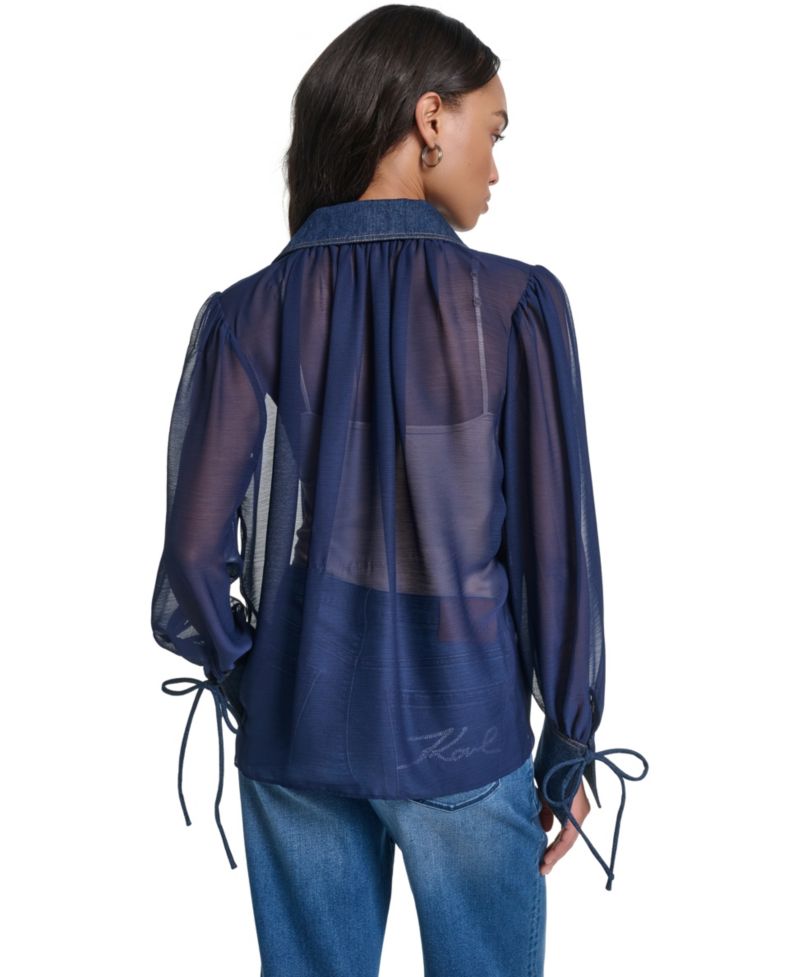 Petite Denim Collar and Cuff Crinkle Chiffon Button-Up Top