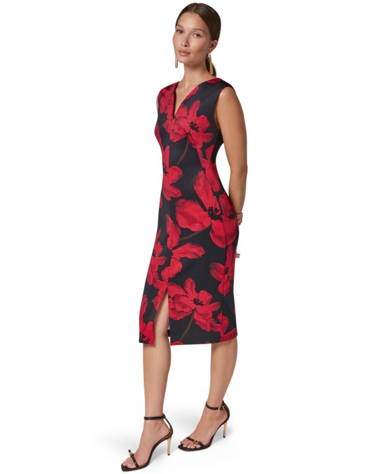 Women's Floral-Print V-Neck Sleeveless Sheath Midi Dress