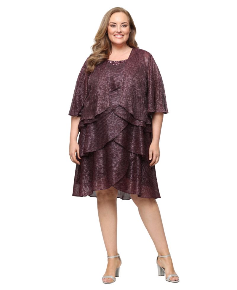 Plus Size 2-Piece. Metallic Tiered Dress & Jacket Set