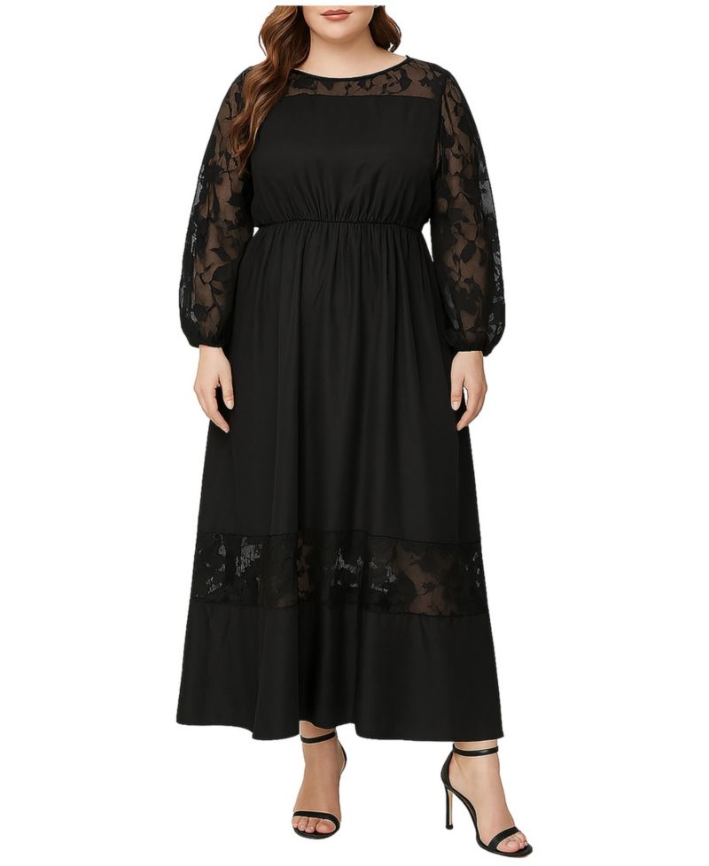 Plus Size Lace Trim Long Sleeve Maxi Dress