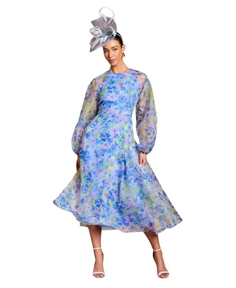Organza Floral Puff Sleeve Midi Dress