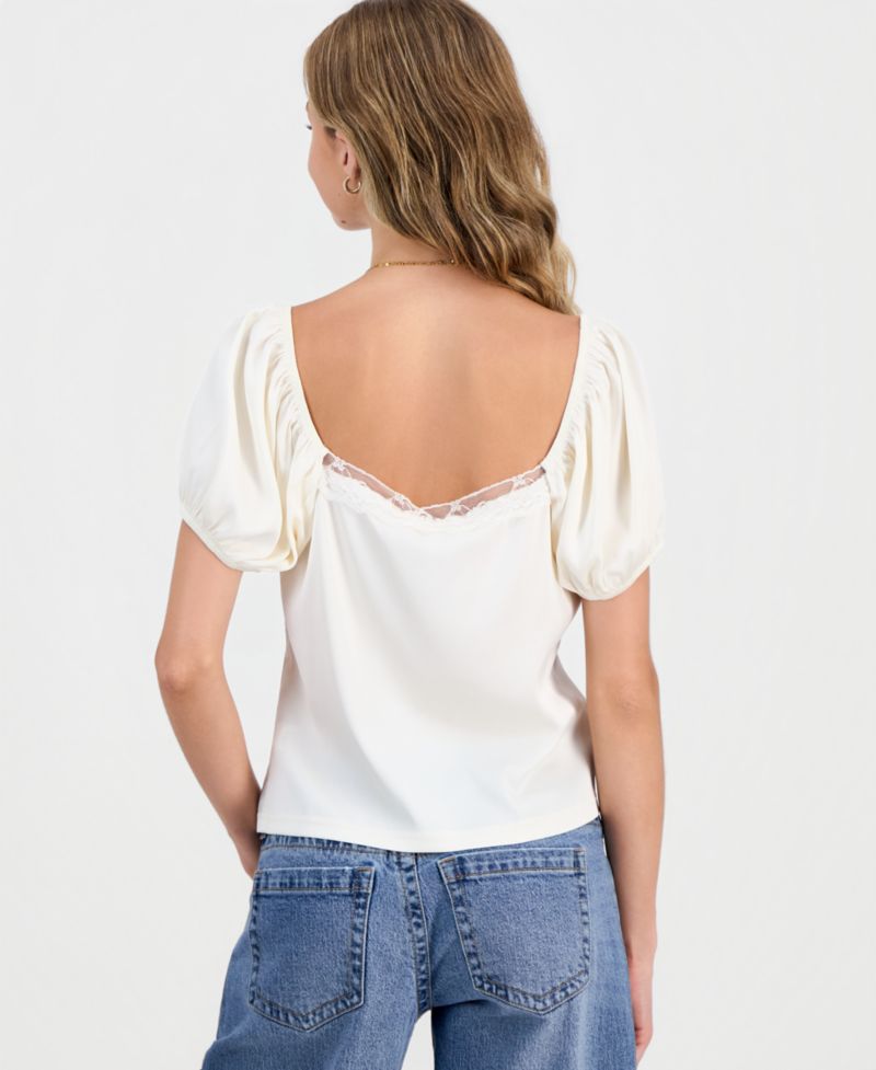 Juniors' Lace-Trim Satin Puff-Sleeve Top