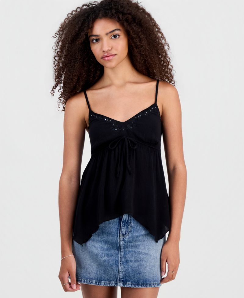 Juniors' Embroidered Handkerchief-Hem Sleeveless Top