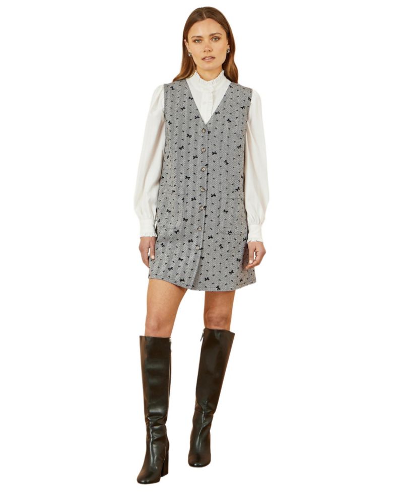 Women's Bow Print Button Up Pinafore Dress