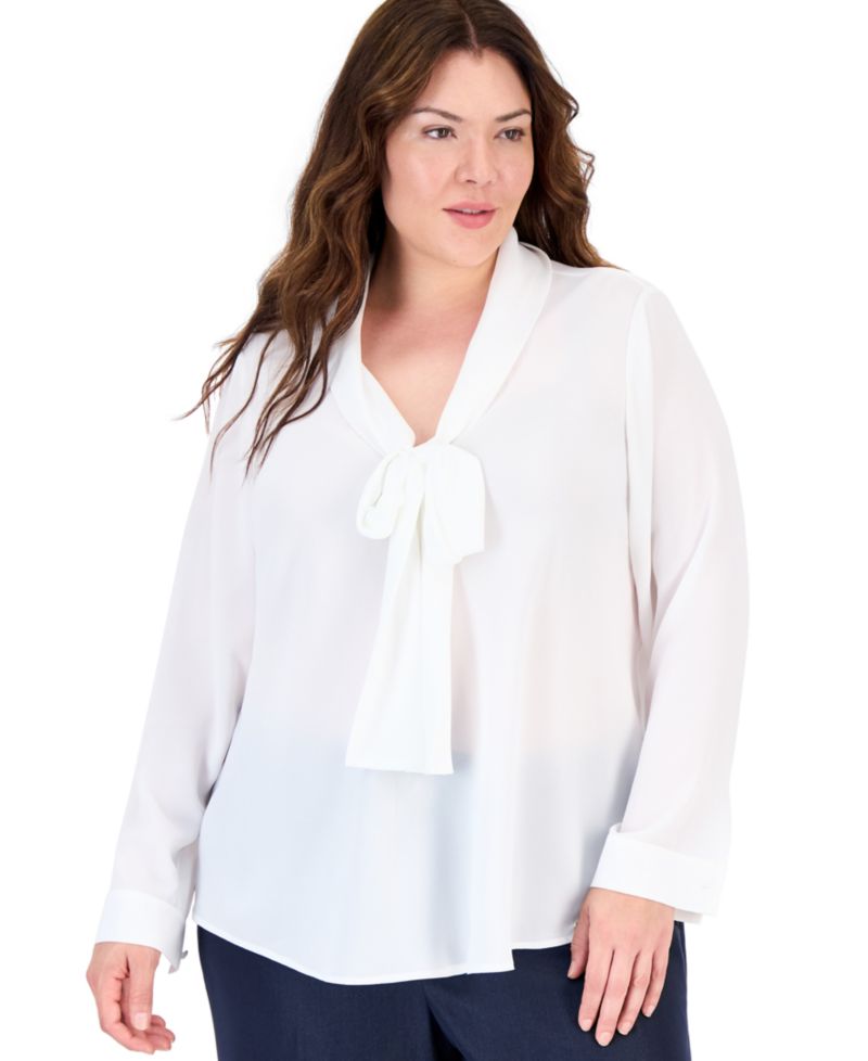 Plus Size Sailor Tie Long-Sleeve Blouse