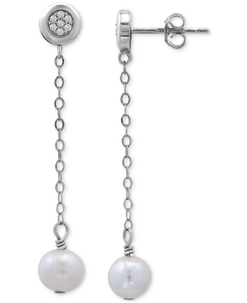 Cultured Freshwater Pearl (7mm) & Cubic Zirconia Chain Drop Earrings in 18k Gold-Plated Sterling Silver