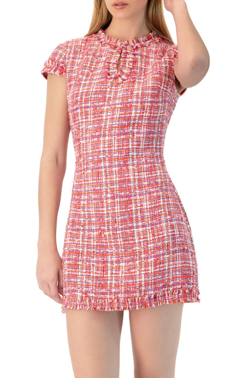 Women's Short Tweed A-Line Dress with V-Neck Neckline