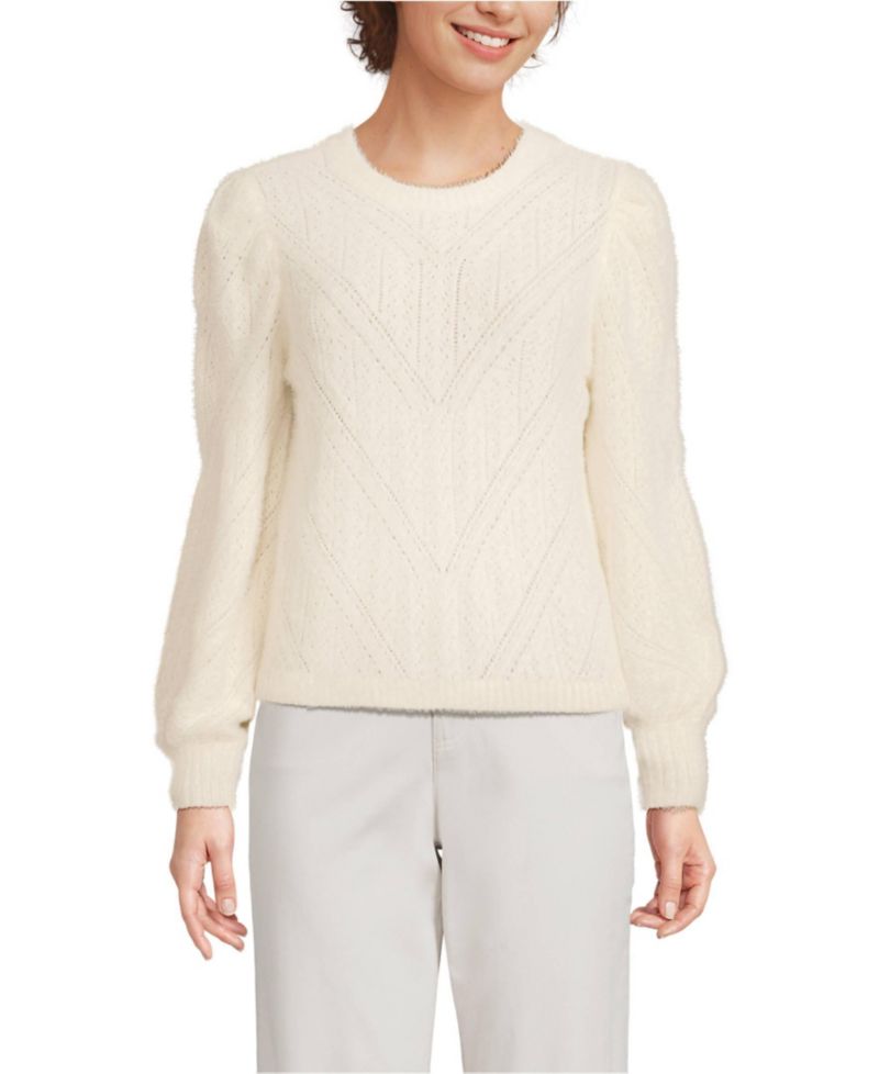 Women's Eyelash Fuzzy Pointelle Puff Sleeve Sweater
