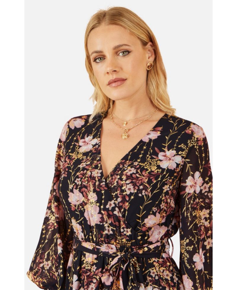 Women's Foiled Floral Print Wrap Midi Dress