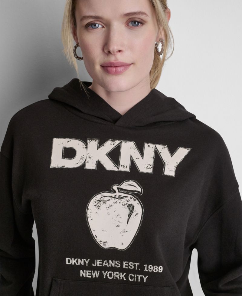 Женская толстовка с капюшоном с логотипом DKNY Big Apple Big Apple с длинным рукавом и стразами, украшенная флокированным рисунком
