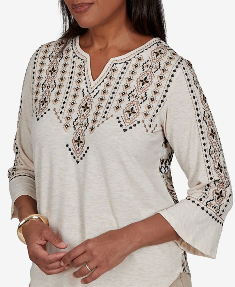 Women's Travel Advisory Geo Embroidered Printed Back Top