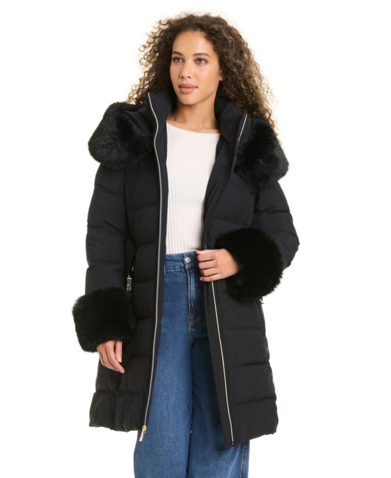 Women's Faux-Fur Arm Cuff Hooded Puffer Coat