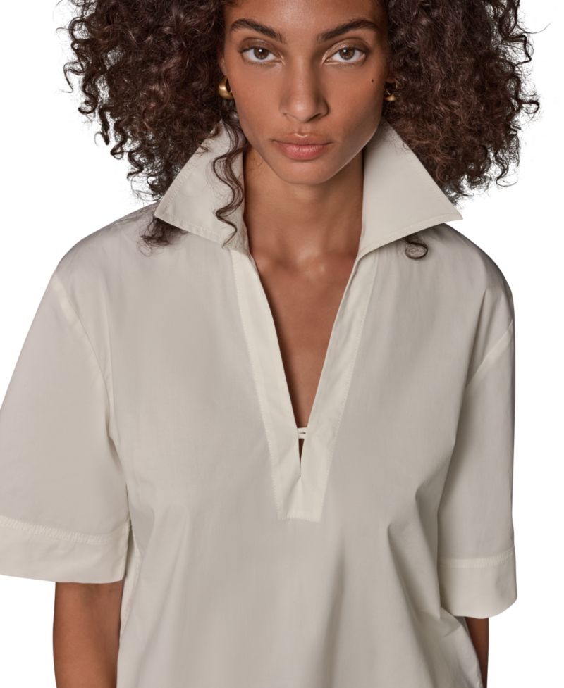 Women's Poplin Short-Sleeve V-Neck Collared Blouse