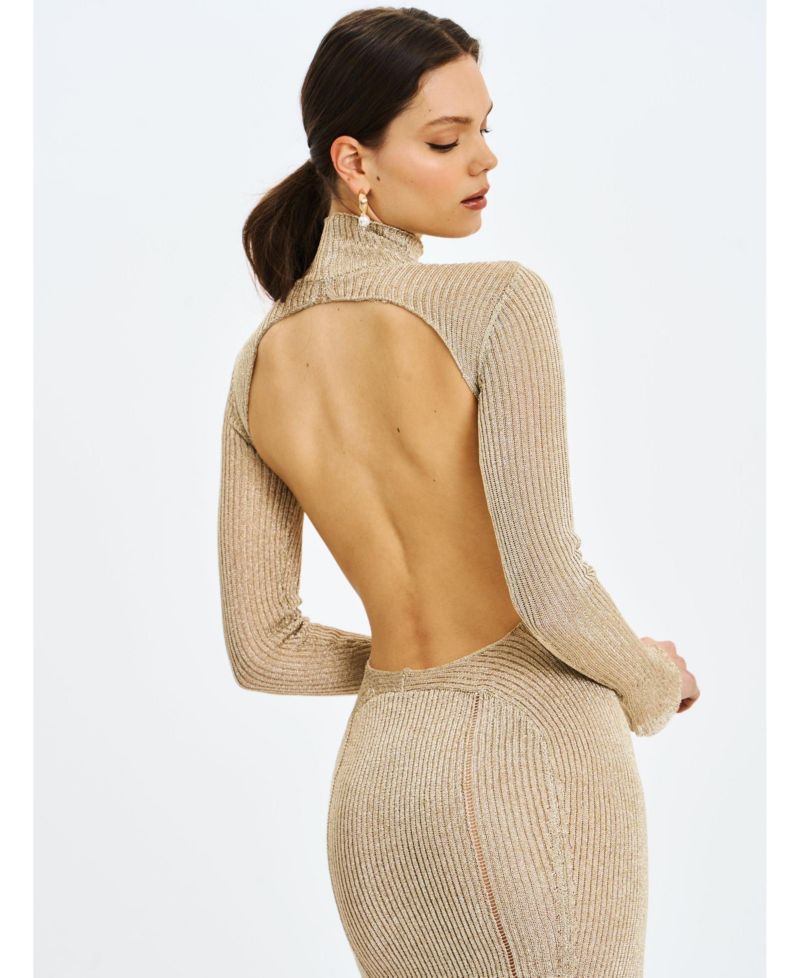 Women's Shay Gold Stretch Knit Backless Long Sleeve Dress