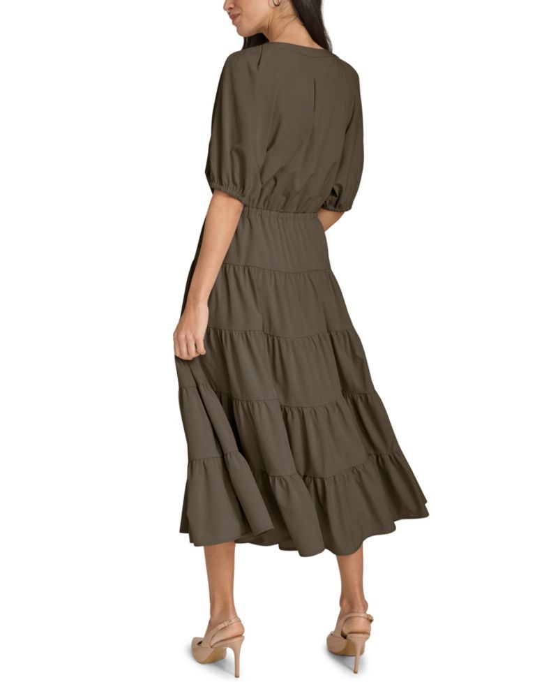V-Neck Elastic Waistband Midi Dress