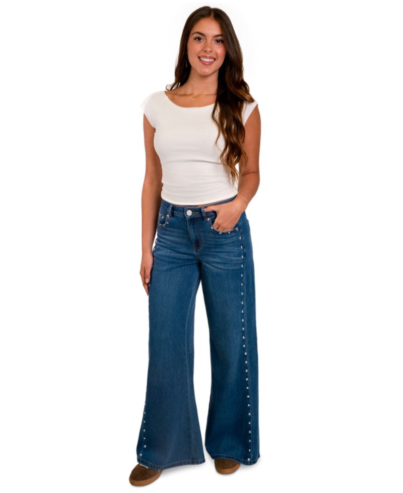 Juniors' High-Waisted Wide-Leg Studded Jeans