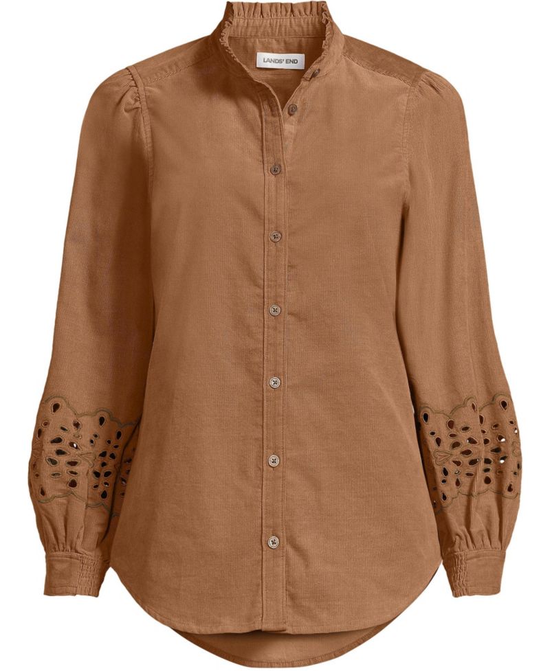 Plus Size Pinwale Corduroy Eyelet Sleeves Shirt