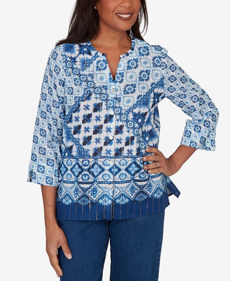 Petite Ikat Tie-Dye Patchwork Henley Top