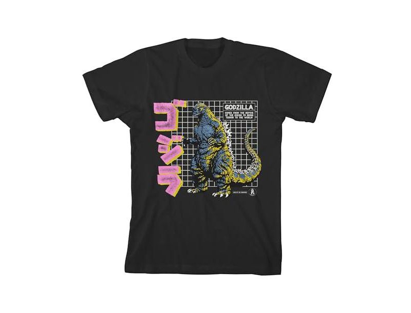 Grid and Kanji Crew Neck Short Sleeve Boy's Black T-shirt-Medium