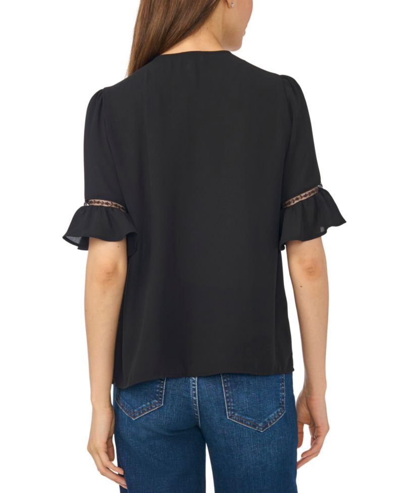Women's Ruffle-Sleeve Horizontal Lace Insets Top