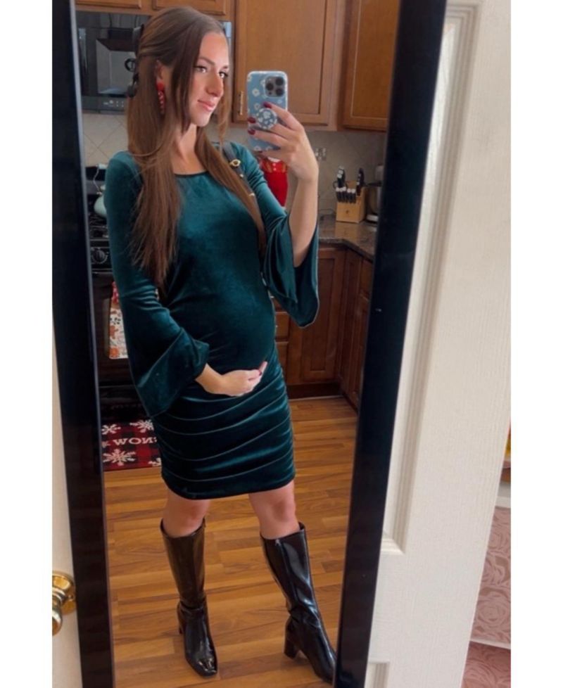 Women's Forest Green Velvet Ruched Bell Sleeve Dress