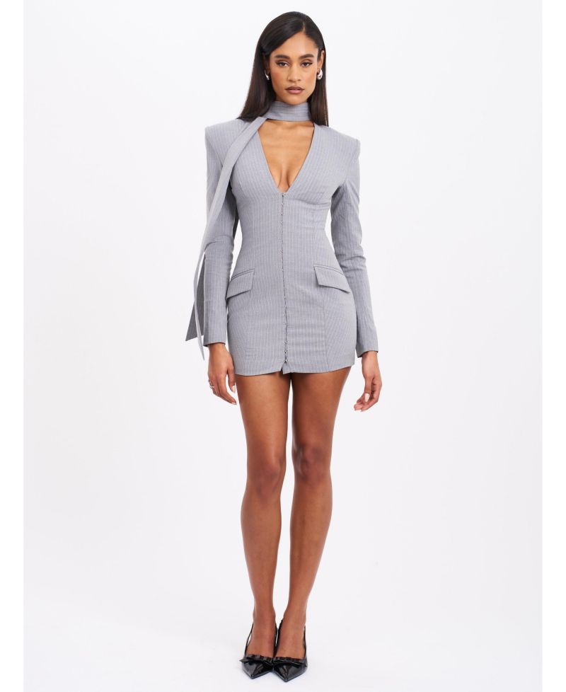 Women's Tahlia Deep V Pinstripes Gray Blazer Dress with scarf collar