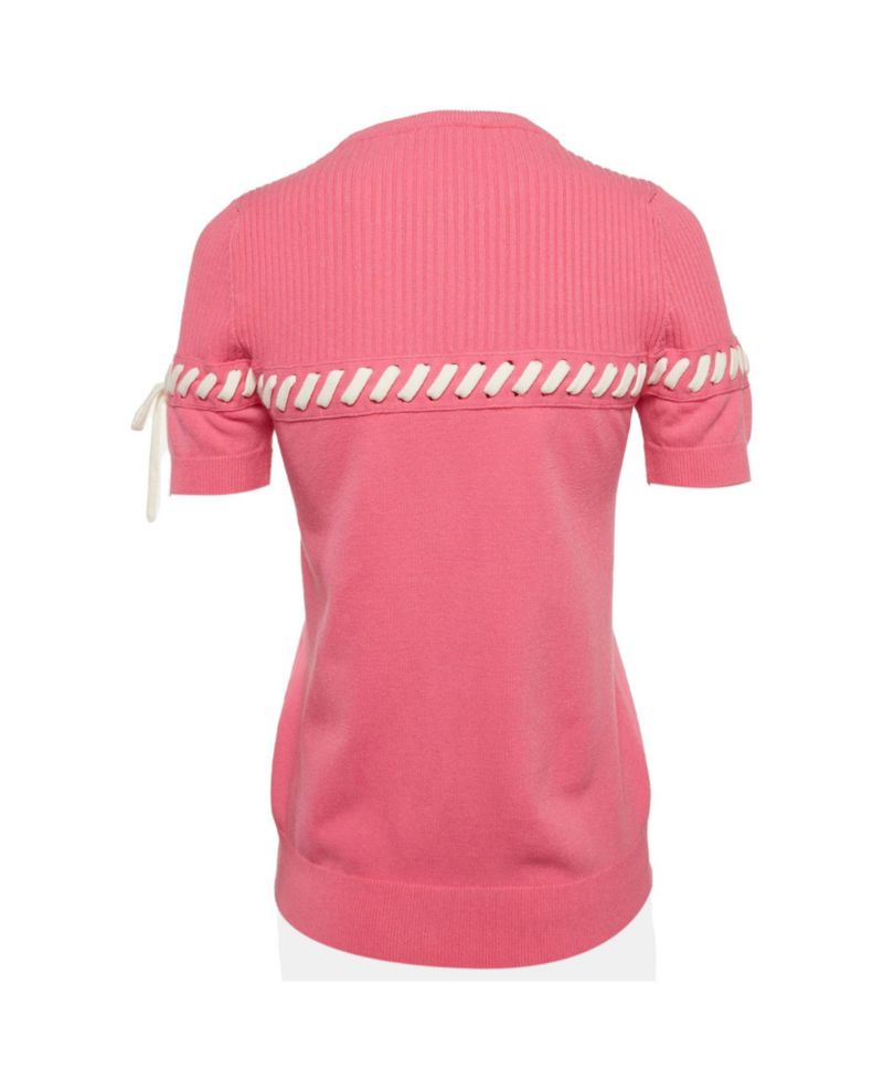 Fendi Women's Ribbed Knit Lace-Up Short-Sleeve Crewneck Top