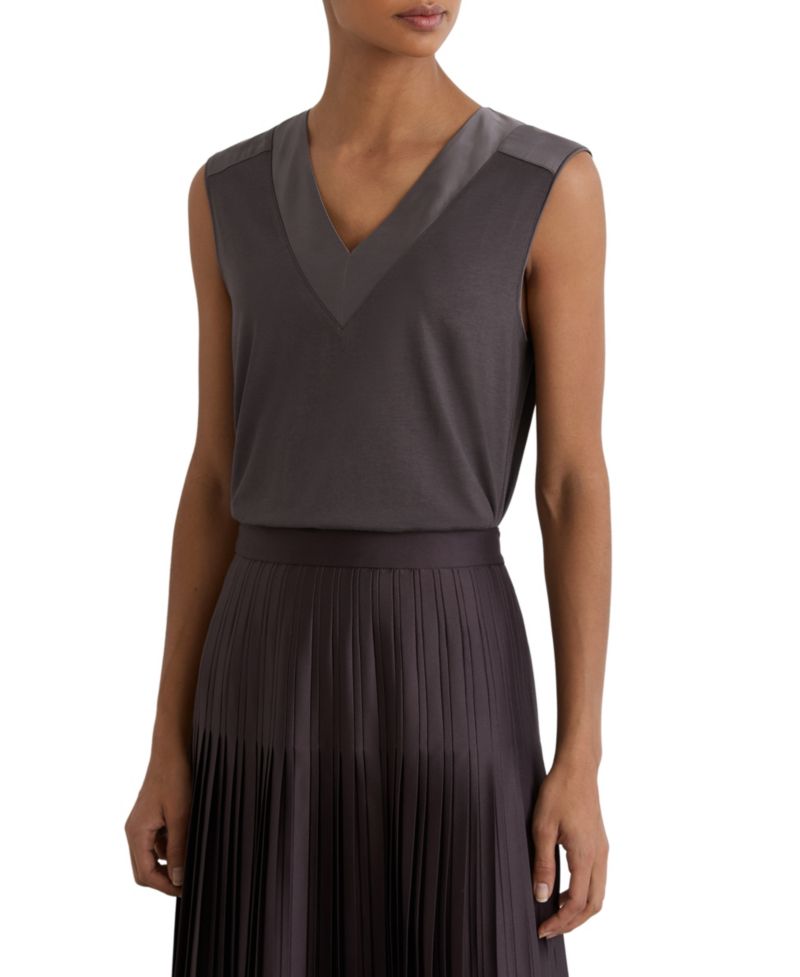 Women's Sleeveless V-Neckline Silk-Trim Top