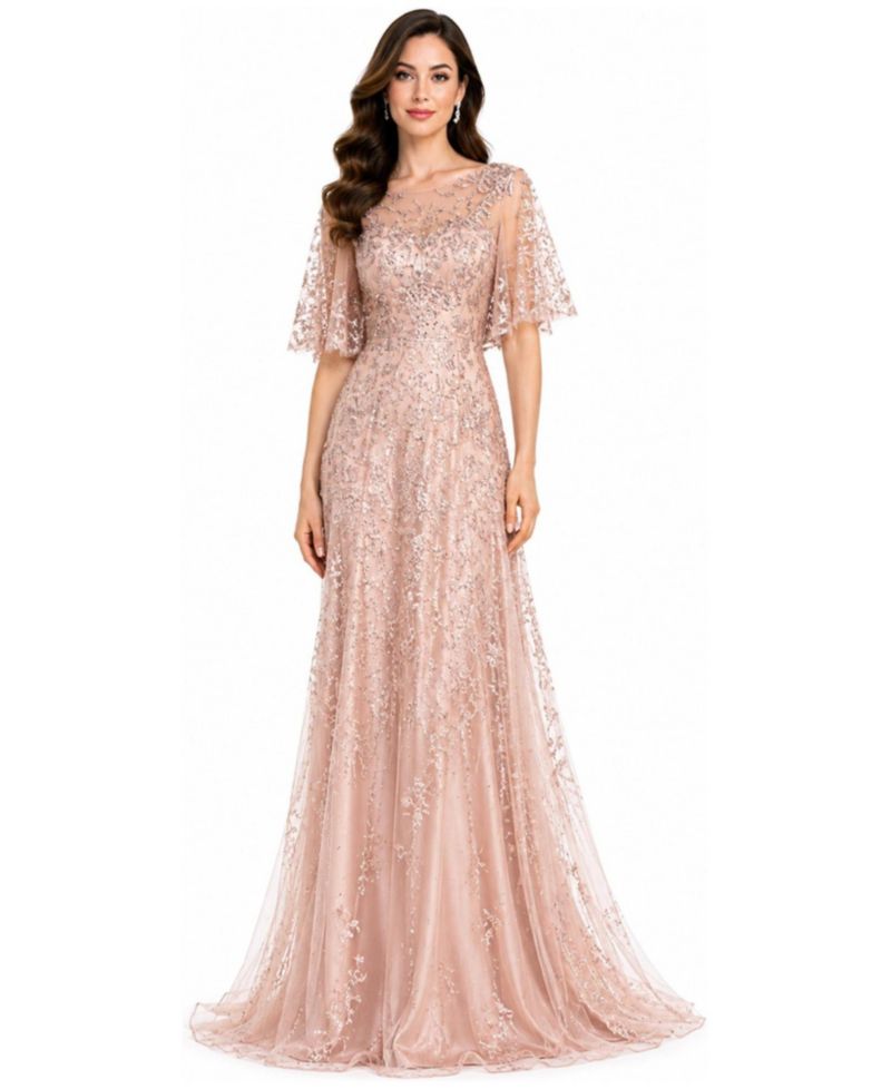 Women's Cape-Sleeve A-Line Pearl-and-Rhinestone Gown