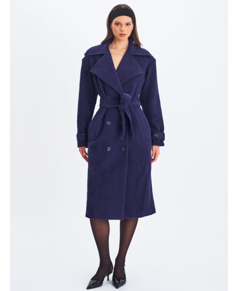 Women Jaelyn Midnight Blue Wool Blend Double-Breasted Belted Coat