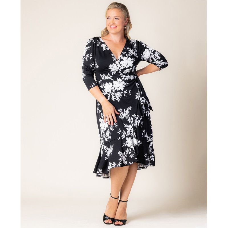 Plus Size Flirty Flounce Midi Wrap Dress with 3/4 Sleeves